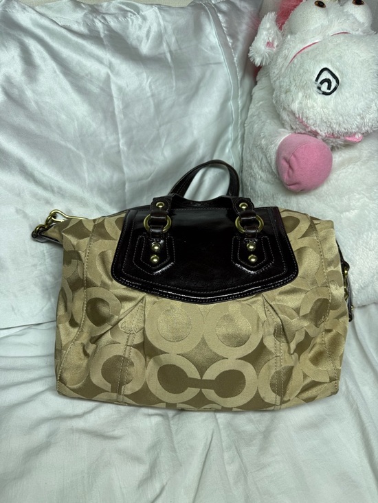 Coach Khaki and Brown Signature Satchel with Scarf Accent - Picture 3 of 6